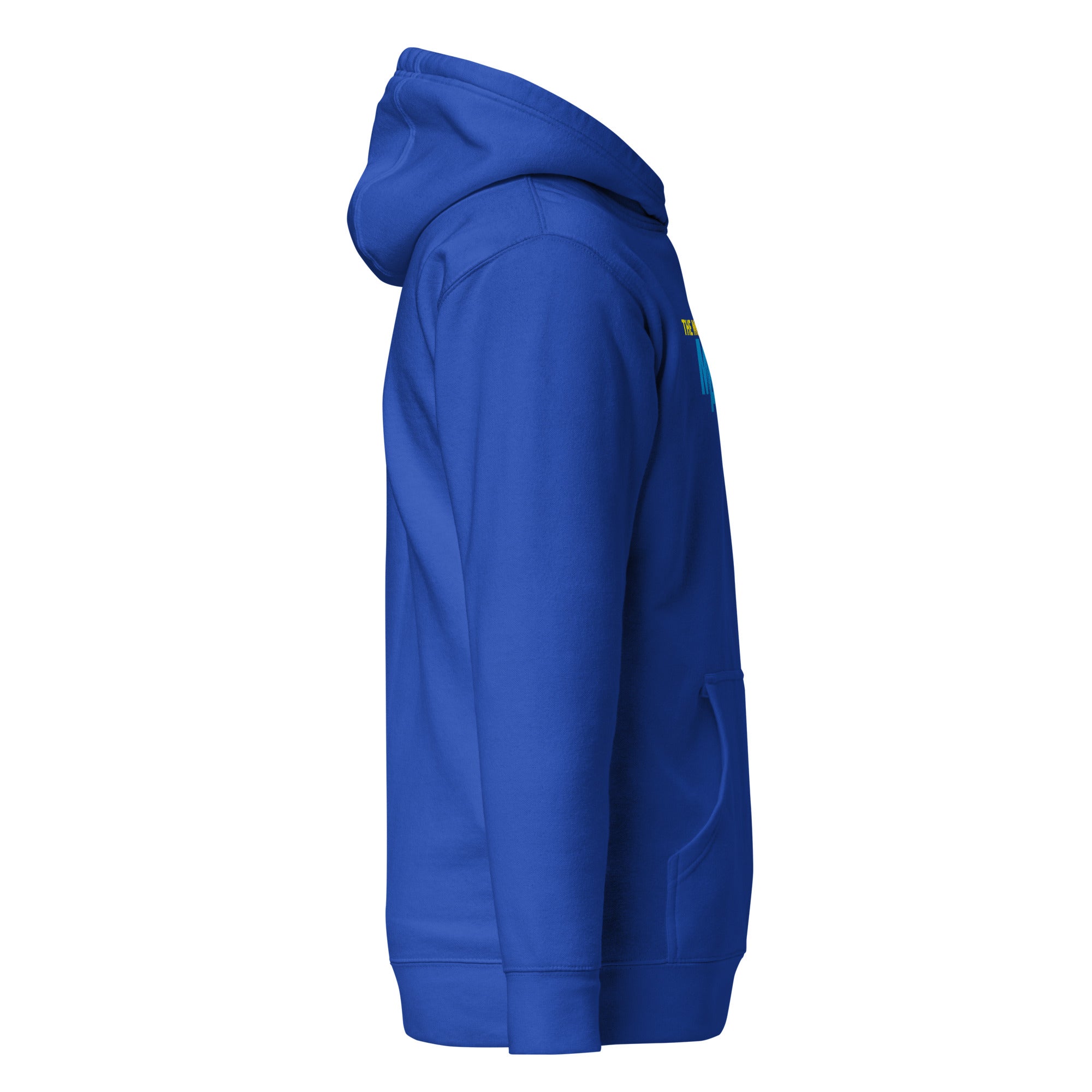 Side view of a blue hoodie with a front pocket and hood.