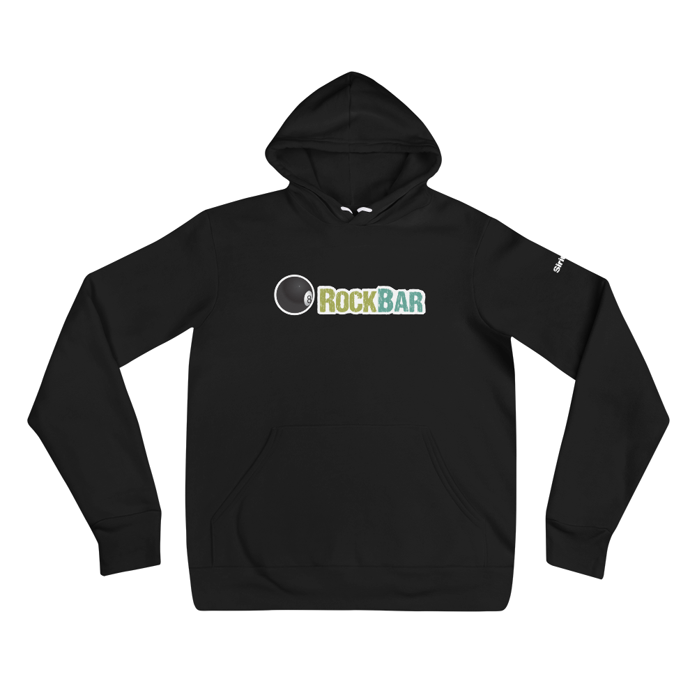 Black hoodie featuring 'ROCKBAR' logo with an 8-ball graphic on a black background.