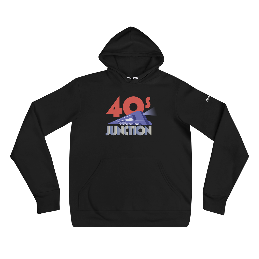 Black hoodie featuring a retro design with '40s JUNCTION' text and a stylized graphic, on a black background.