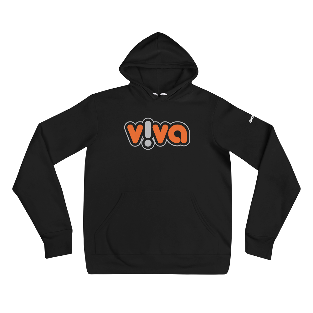 Black hoodie featuring a colorful 'v!va' logo on the front, on black background.