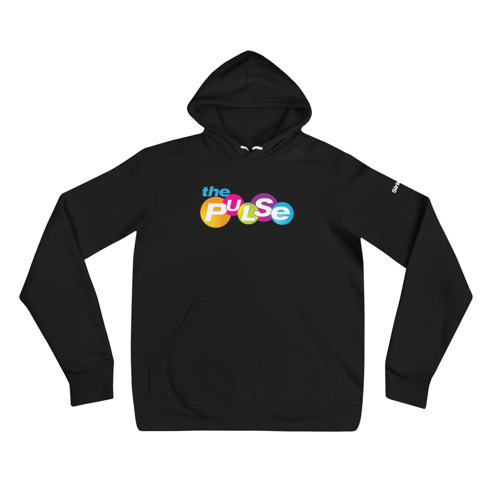 Black hoodie featuring the text 'the PULSE' in colorful, playful letters.