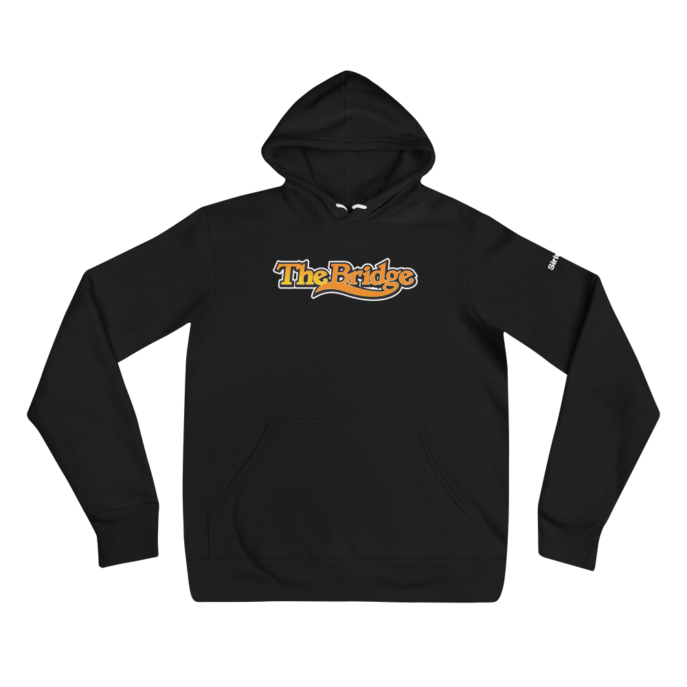 Black hoodie featuring 'The Bridge' logo in orange and white.