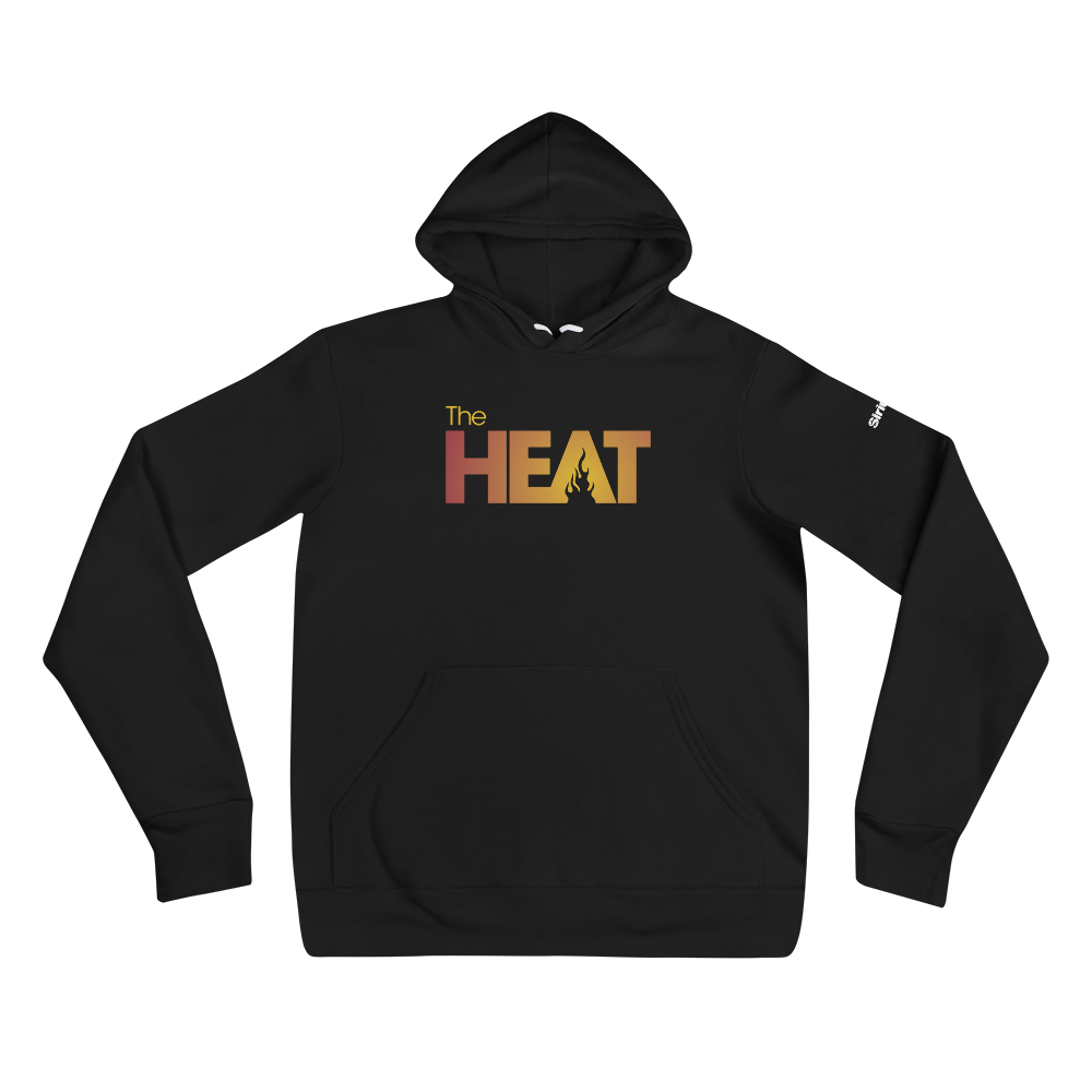 Black hoodie featuring the text 'The HEAT' in a orange to yellow gradient with a flame graphic on front.