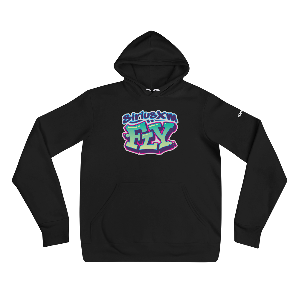 Black hoodie featuring colorful 'SiriusXM FLY' graffiti-style logo on the front. Colors include blue, green, and pink.