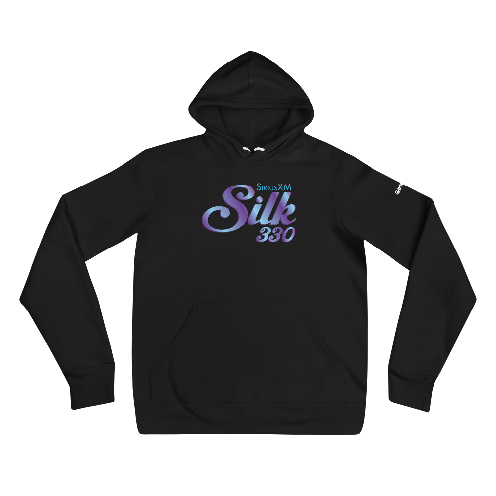 Black hoodie featuring 'SiriusXM Silk 330' in a purple colorful graphic design on the front.