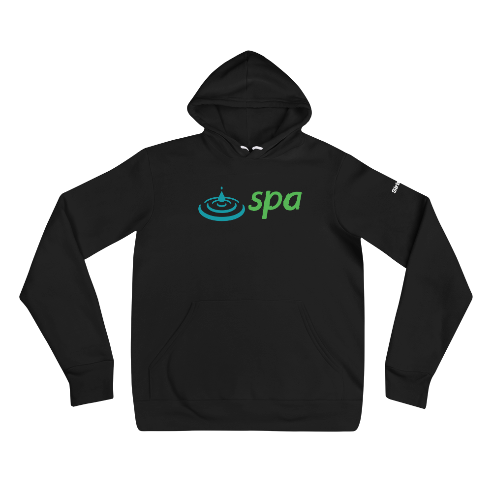 Black hoodie featuring the word 'spa' in blue and green with a water droplet graphic.