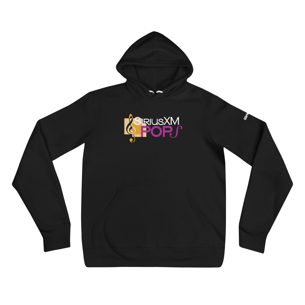 Black hoodie featuring the 'SiriusXM POPS' logo in gold, purple and white with musical notes.