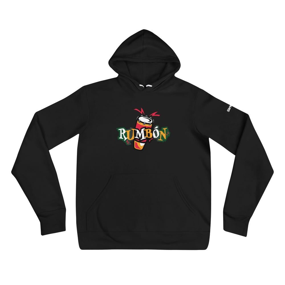 Black hoodie featuring a colorful 'RUMBÓN' graphic with a drum design.