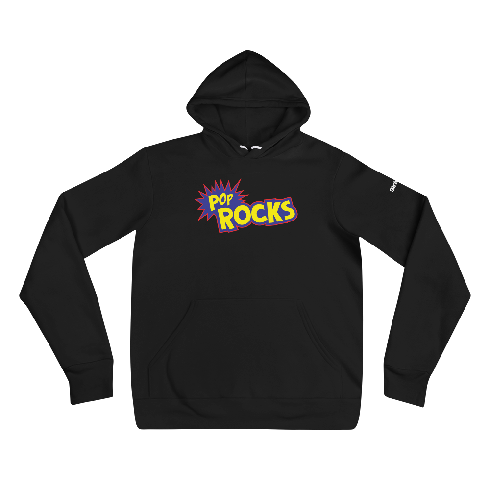 Black hoodie featuring 'POP ROCKS' logo in vibrant blue, yellow and red on the front.