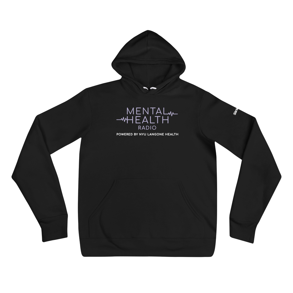 Black hoodie with 'MENTAL HEALTH RADIO' in white and light purple and 'POWERED BY NYU LANGONE HEALTH' printed on the front.