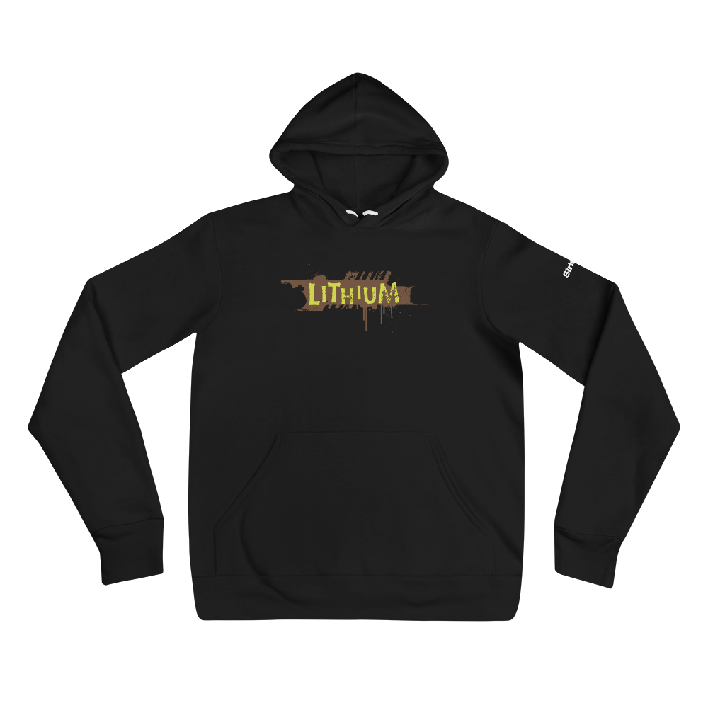 Black hoodie featuring the text 'LITHIUM'  yellow with a dripping brown paint effect on the front.