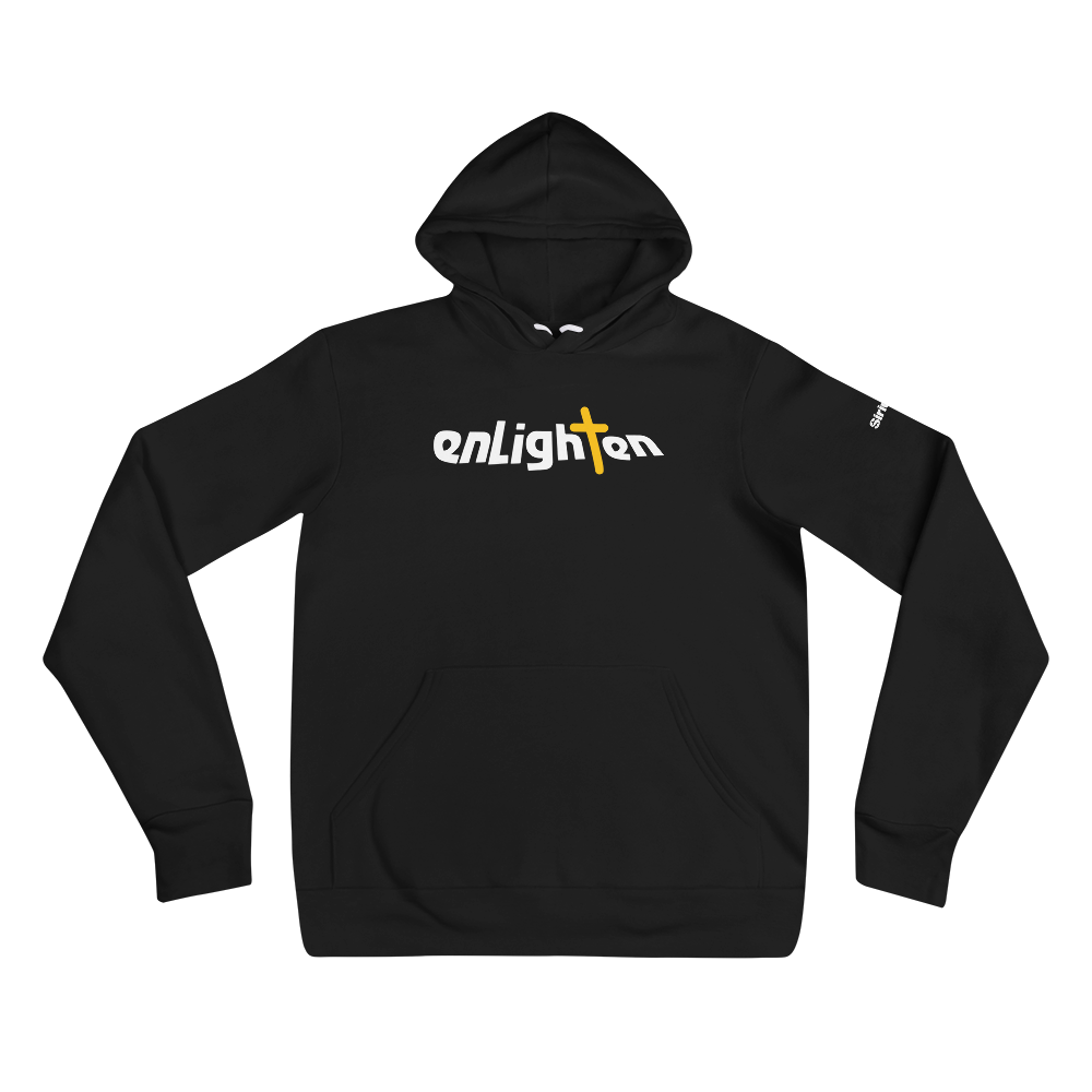 Black hoodie featuring the word 'enLighten' with a yellow cross design.