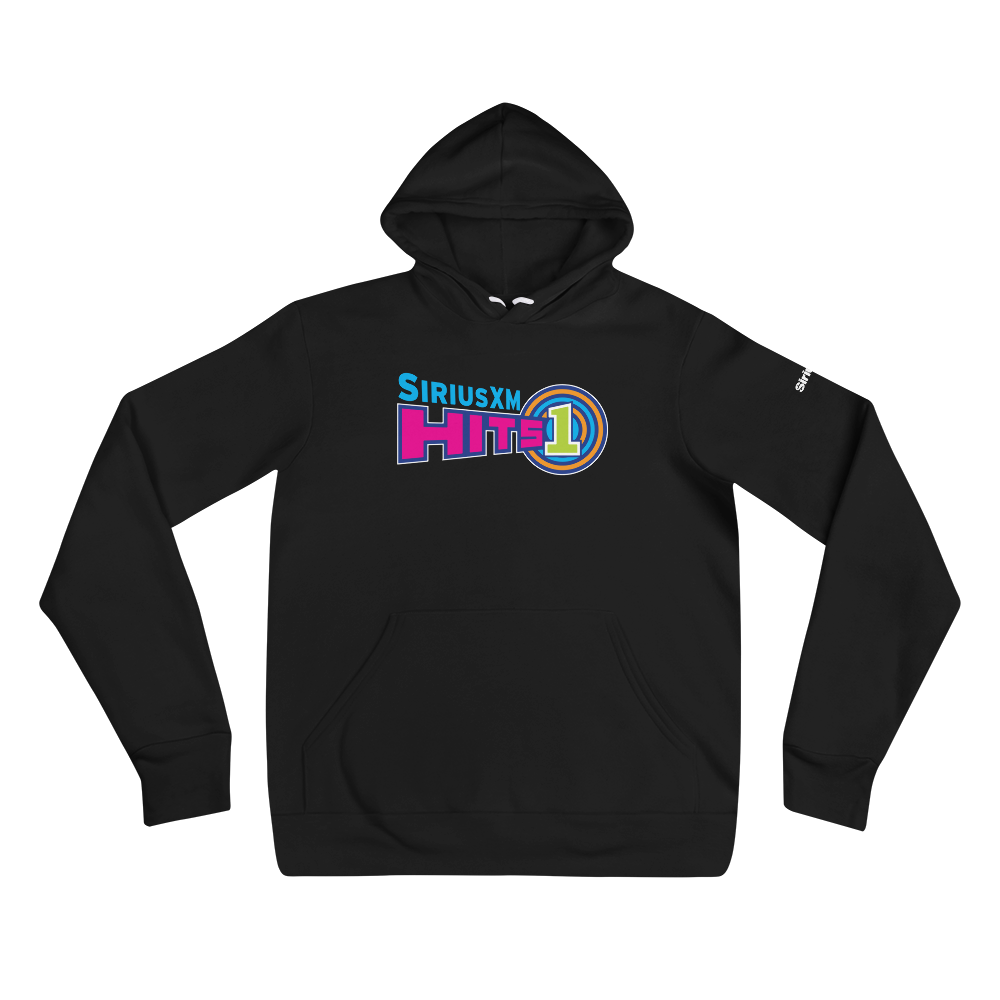 Black hoodie with 'SiriusXM Hits 1' logo in colorful text on the front. Colors include pink, purple, orange and vivid green.