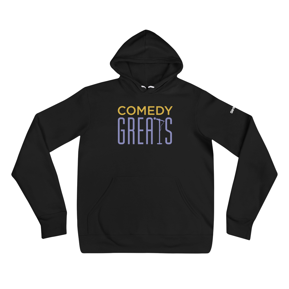 Black hoodie featuring the words 'COMEDY GREATs' in purple and gold typography.