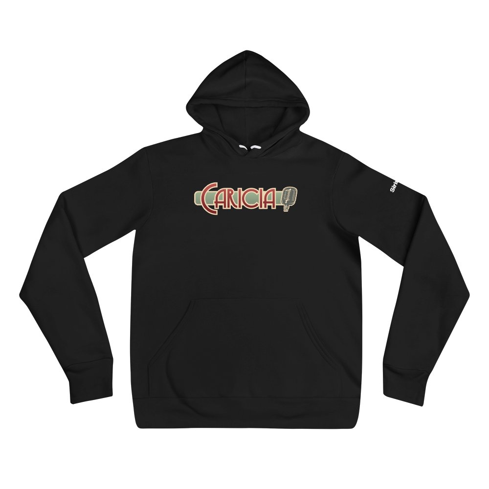 Black hoodie featuring 'CARICIA' graphic in ruby and green with a microphone icon.