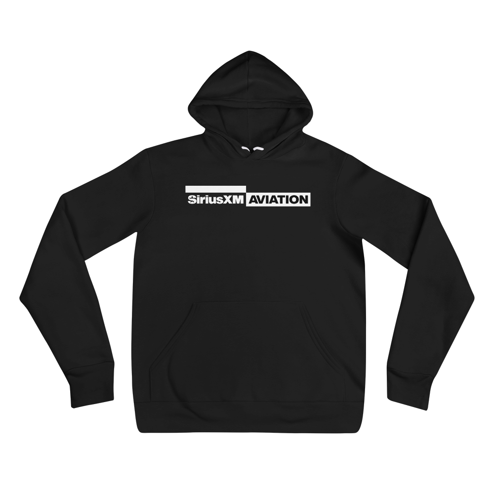 Black hoodie featuring 'SiriusXM AVIATION' graphic in white text across the front.