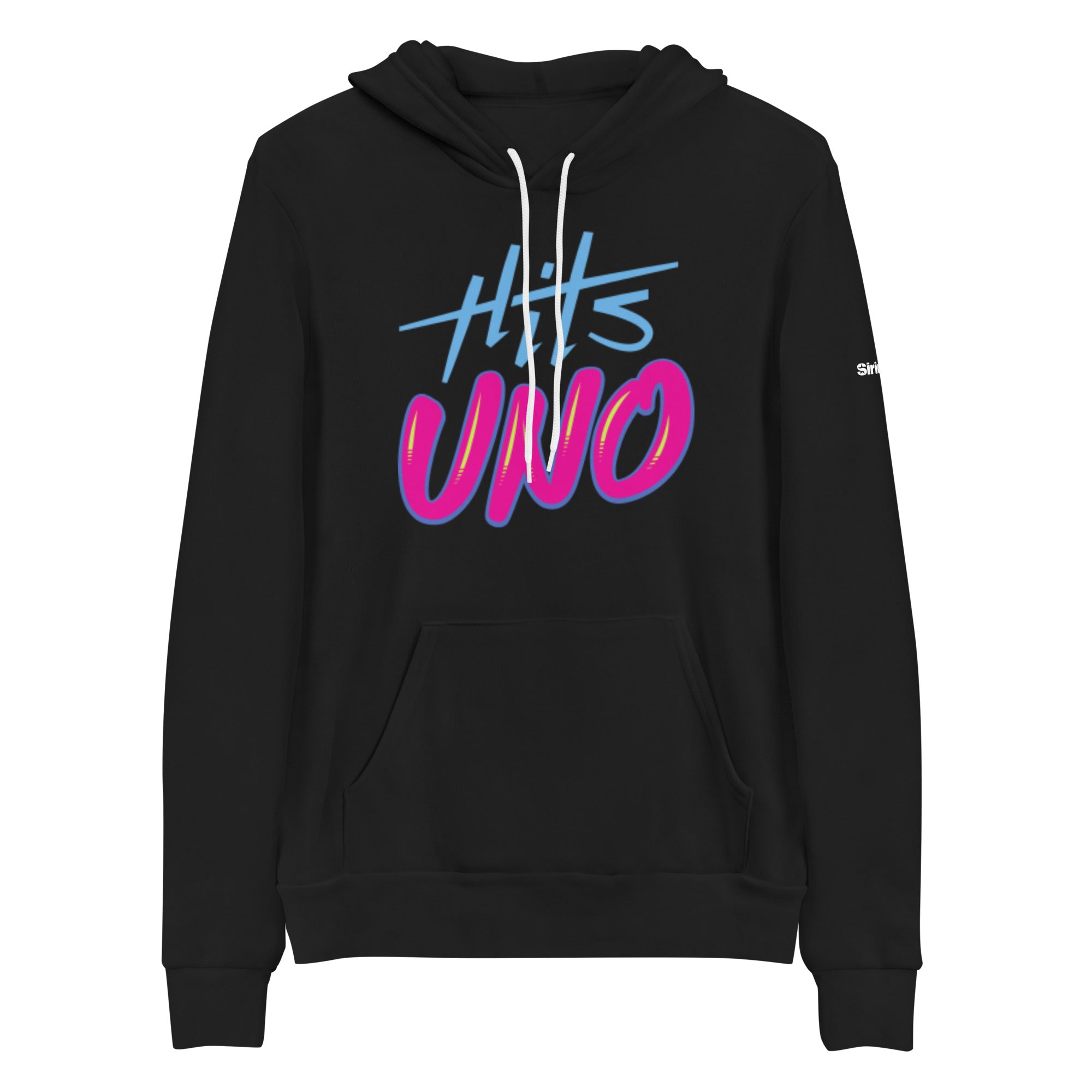 Black hoodie with colorful 'Hits UNO' graphic print in bue and pink on the front and a kangaroo pocket and drawstring hood.