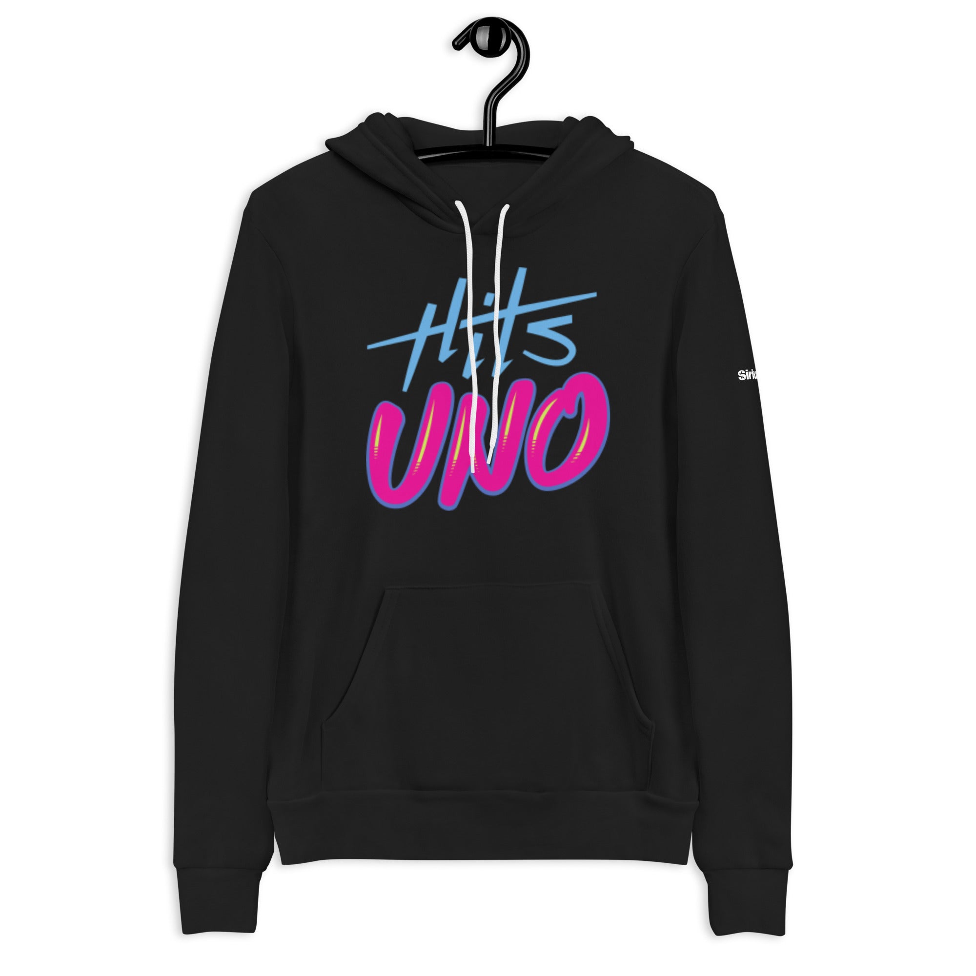 Black hoodie with colorful 'Hits UNO' graphic print in bue and pink on the front and a kangaroo pocket and drawstring hood.