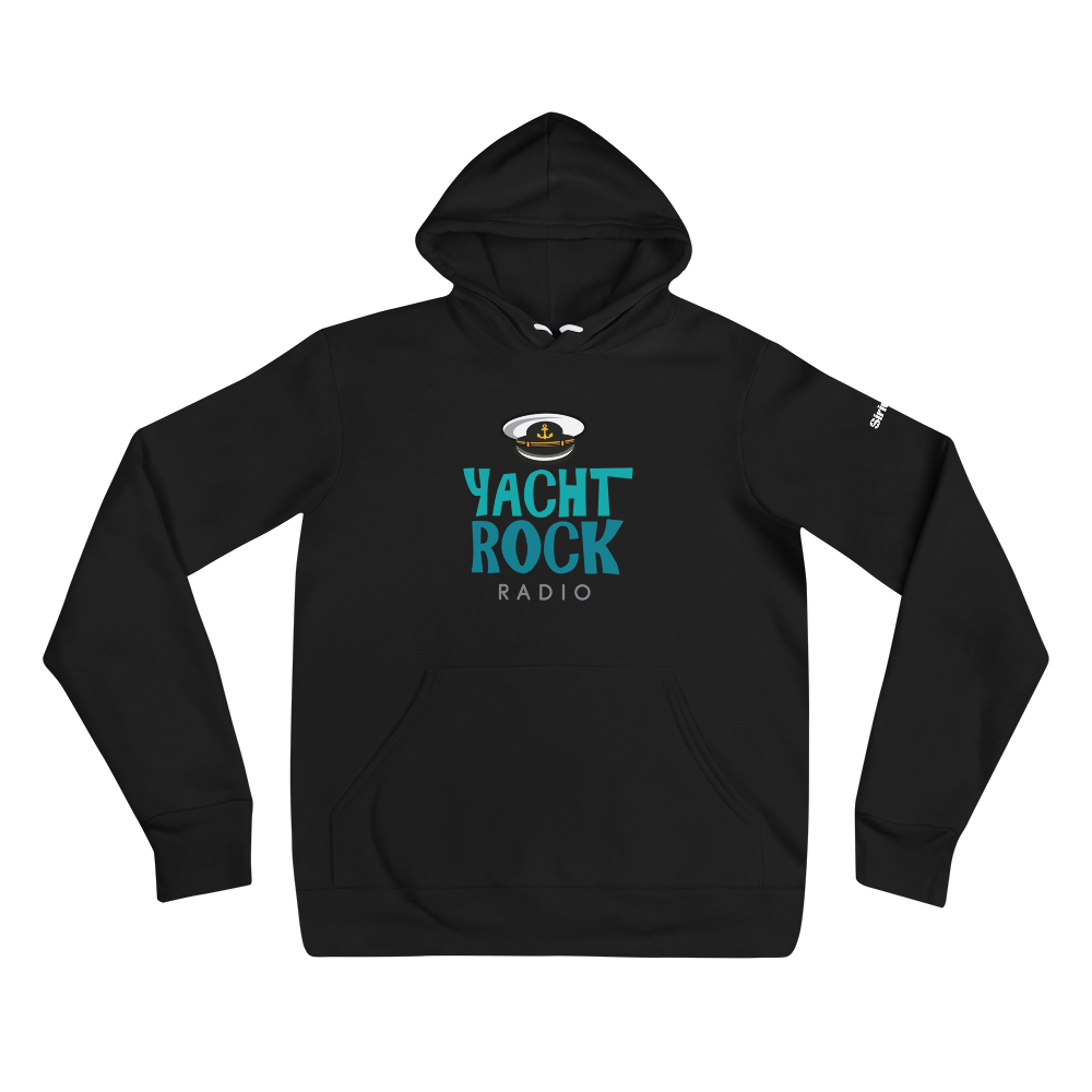 Black hoodie featuring 'Yacht Rock Radio' logo in tourquoise with a sailor's cap design.