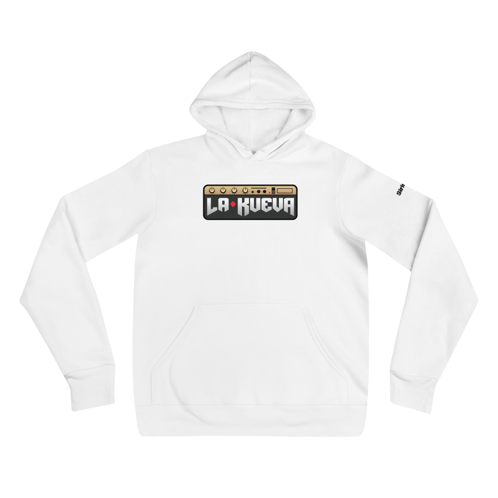 White hoodie featuring the text 'LA KUEVA' with a colorful graphic on the front.