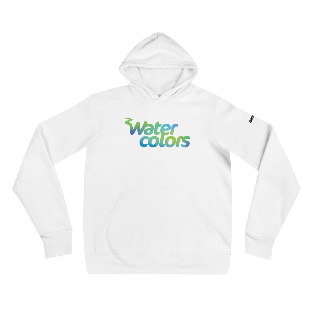 White hoodie with 'Water colors' logo in green and blue gradient, featuring a front pocket and drawstring hood.