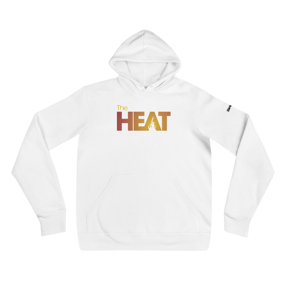 White hoodie featuring the text 'The HEAT' with a flame icon in orange to yellow gradient.