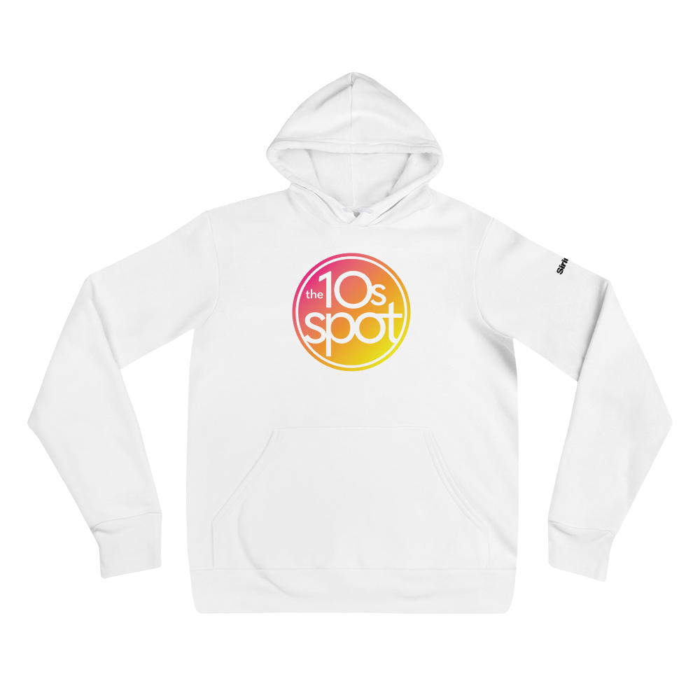 White hoodie featuring 'the 10s spot' logo in vibrant colors of pinks and oranges.