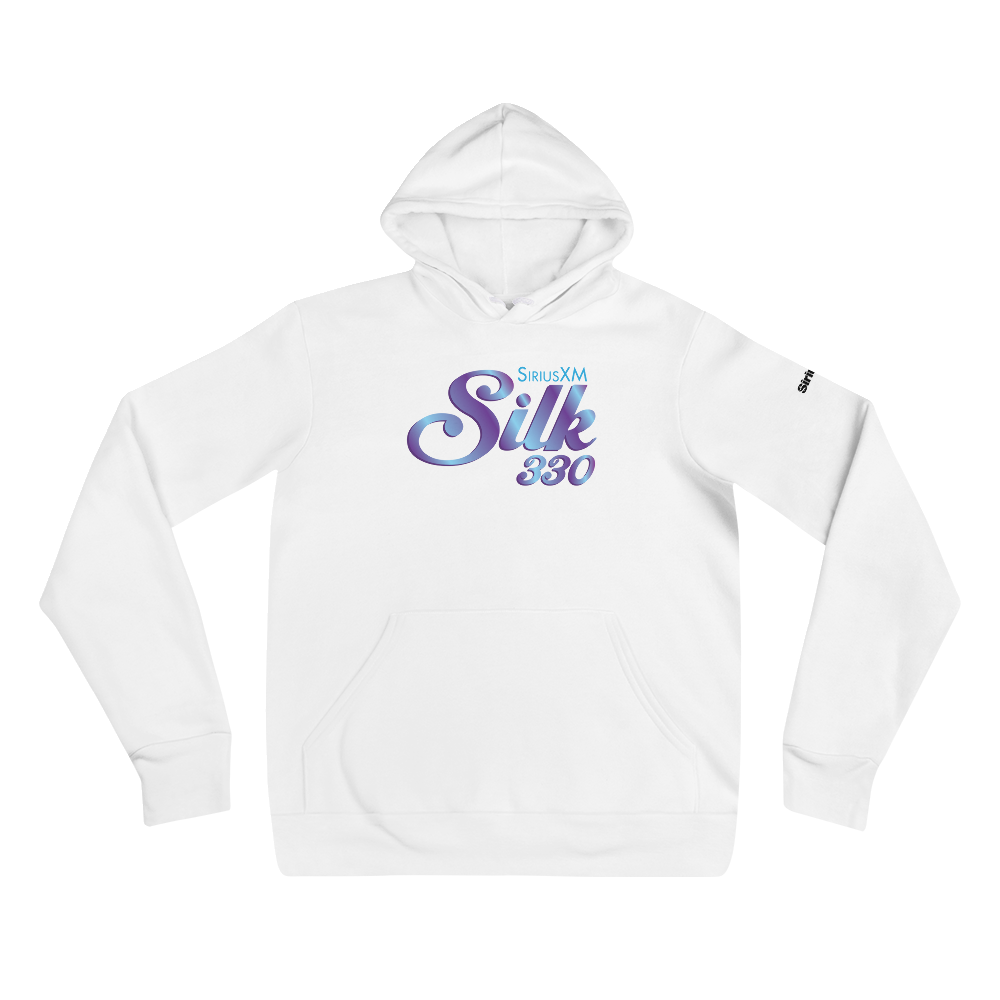 White hoodie with 'SiriusXM Silk 330' in blue and purple gradient stylized text on the front.