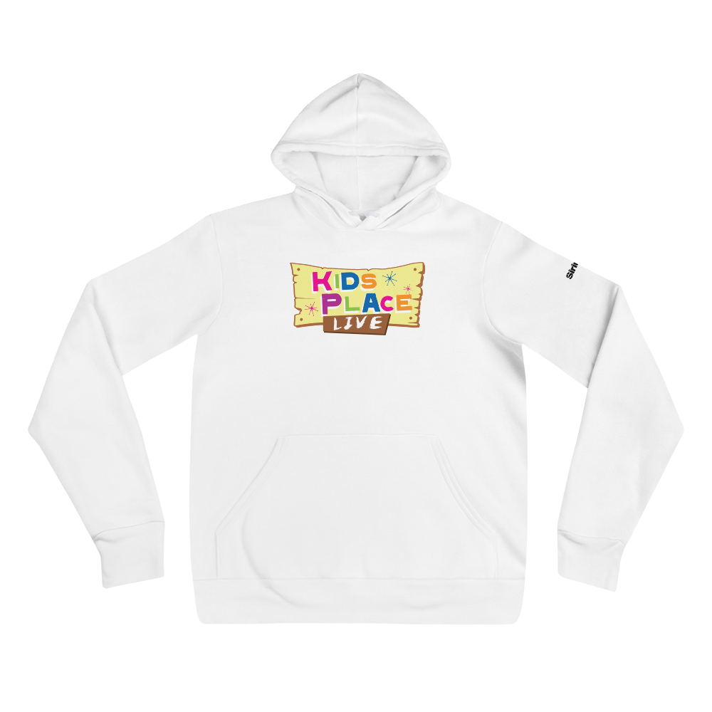 White hoodie featuring 'KIDS PLACE LIVE' with colorful stars and a wooden sign illustration on the front.