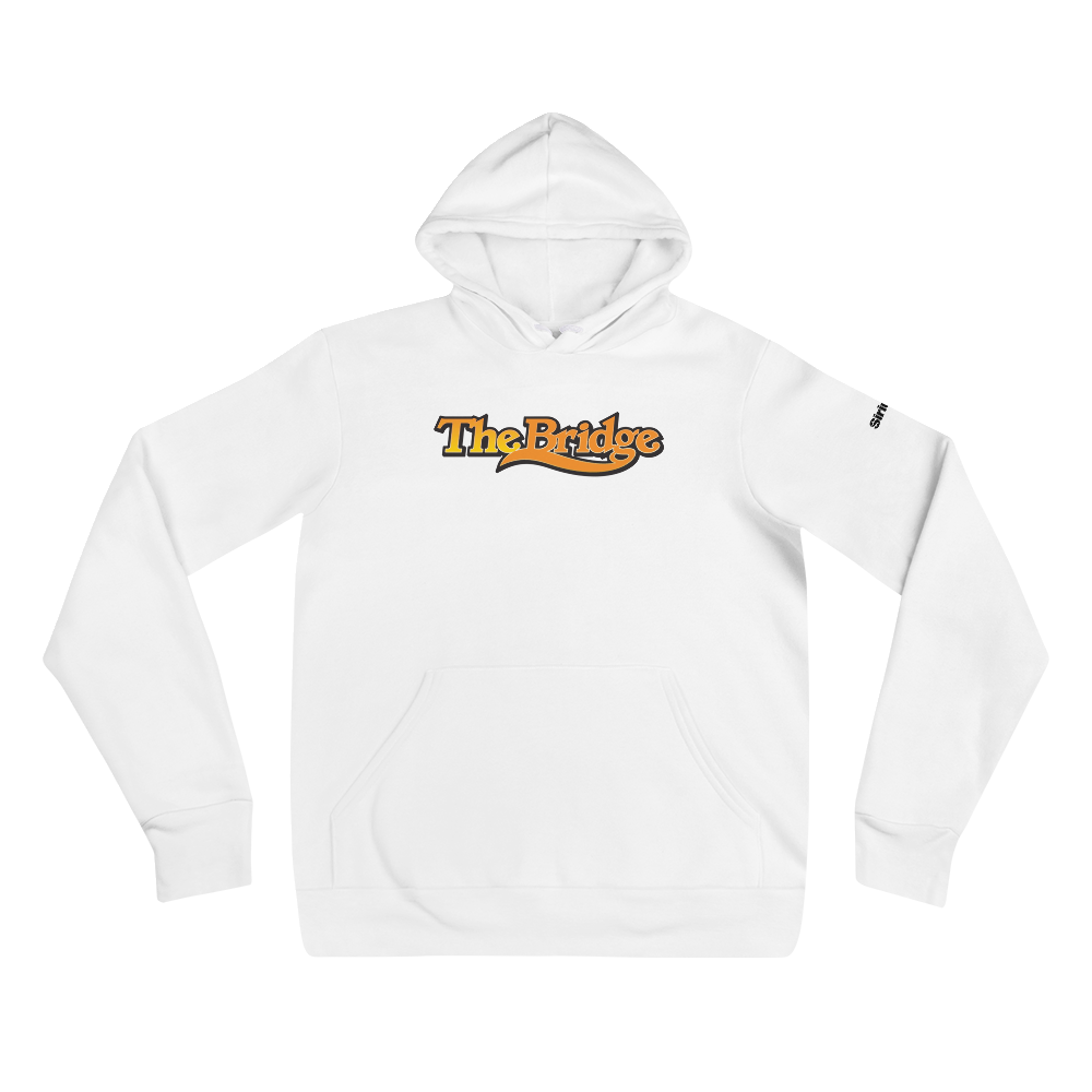 White hoodie featuring 'The Bridge' logo in a vibrant, stylized font.