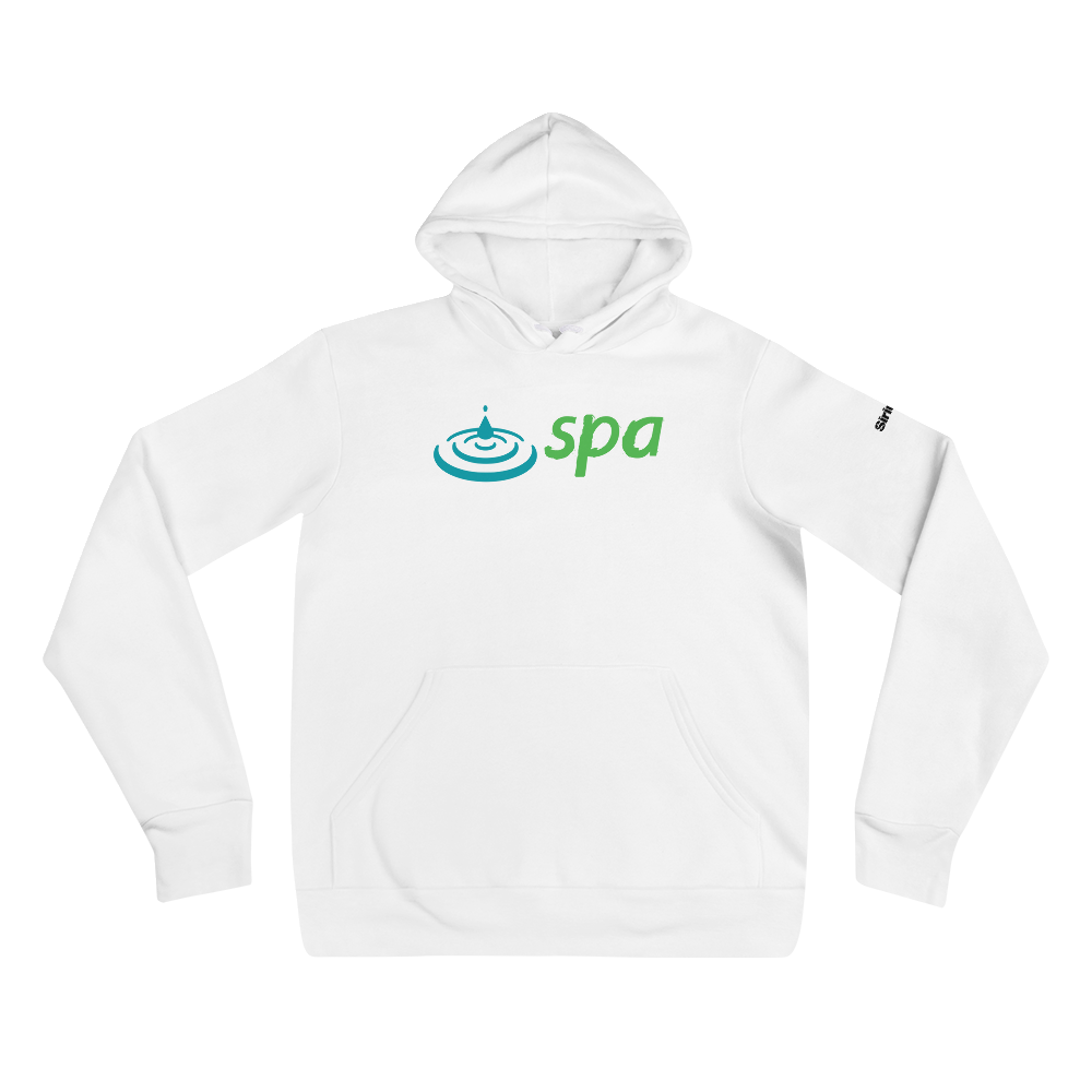 White hoodie with a spa logo featuring a water droplet and the word 'spa' in blue and green.