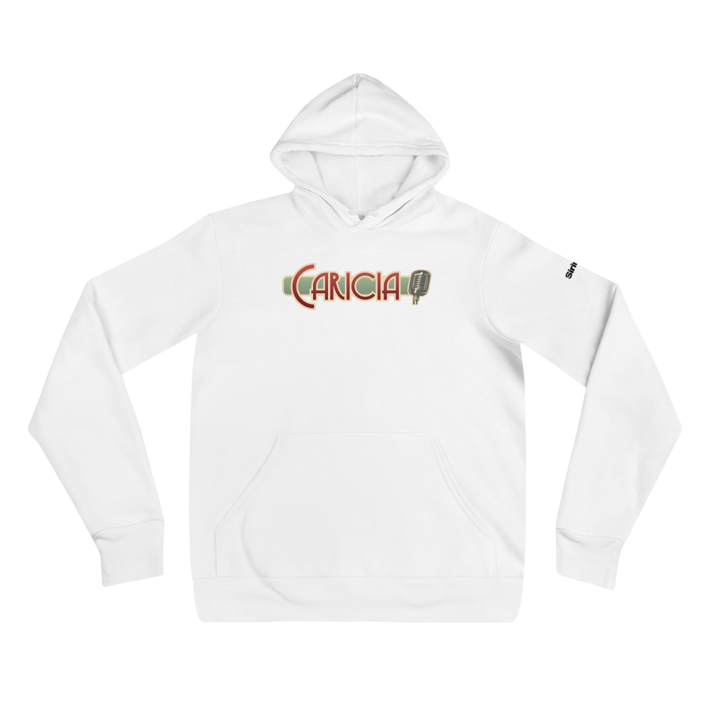 White hoodie with the word 'CARICIA' in ruby and greenand a microphone graphic.