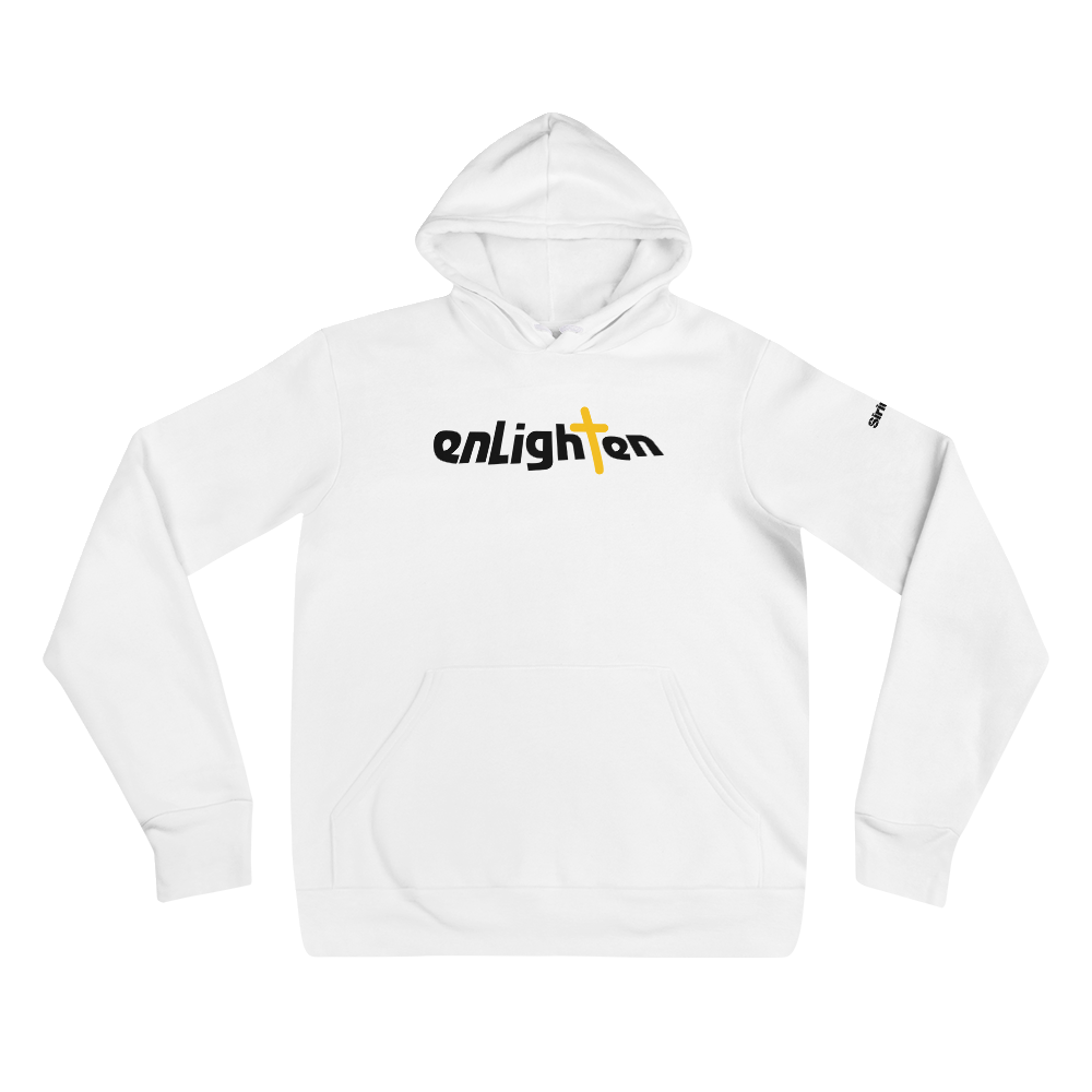 White hoodie featuring the word 'enlighten' in black and yellow with a cross icon.