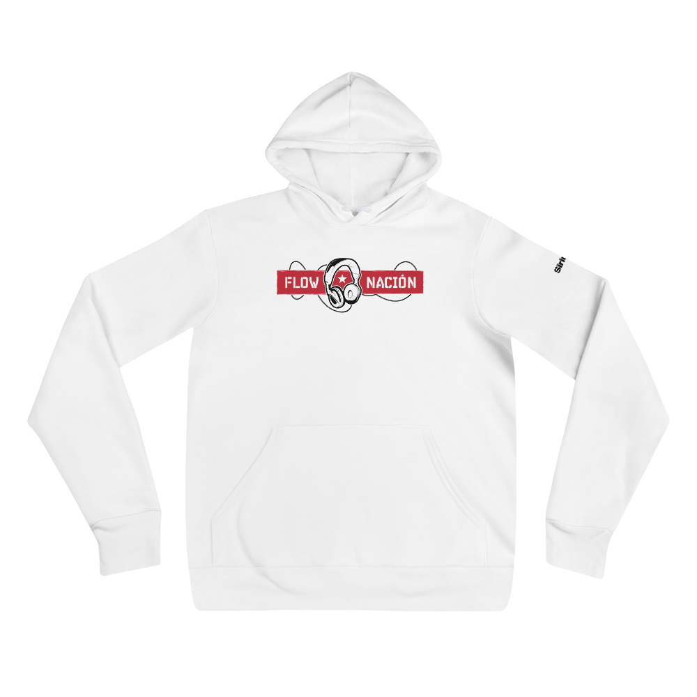 White hoodie featuring the text 'FLOW NACIÓN' in red and black and a graphic of headphones.