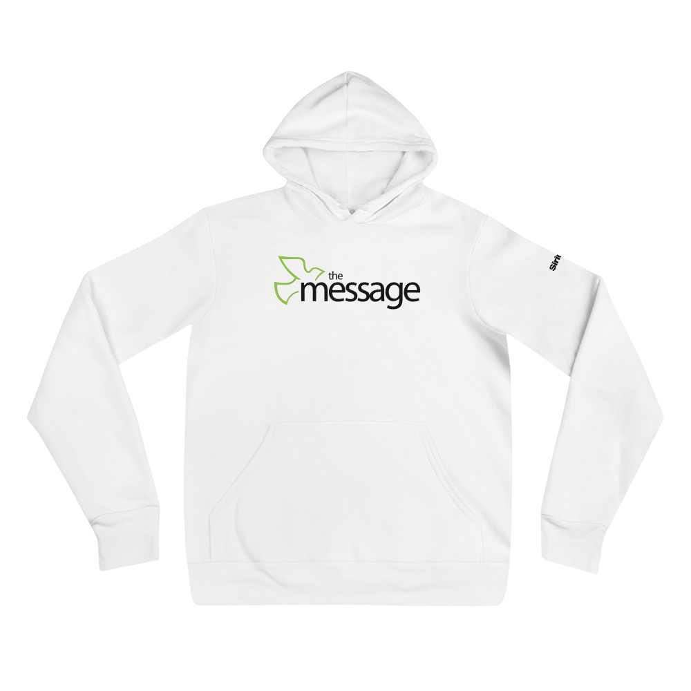 White hoodie featuring 'the message' logo in black with green bird design on the front.