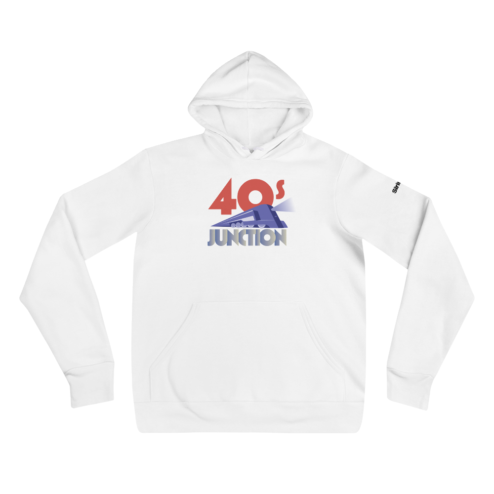 White hoodie with '40s Junction' graphic design in red and blue.