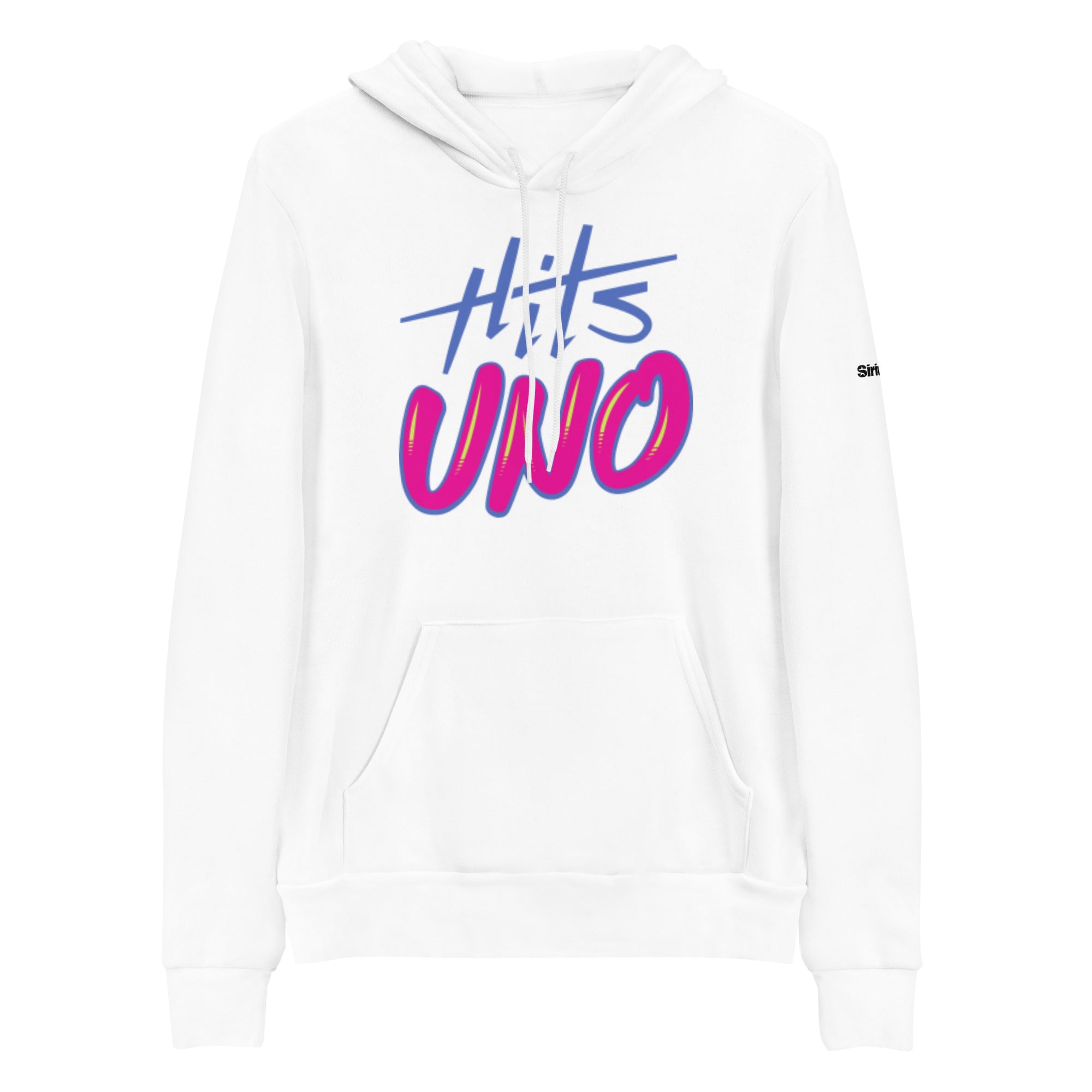 White hoodie with colorful 'Hits UNO' graphic print in bue and pink on the front and a kangaroo pocket and drawstring hood.