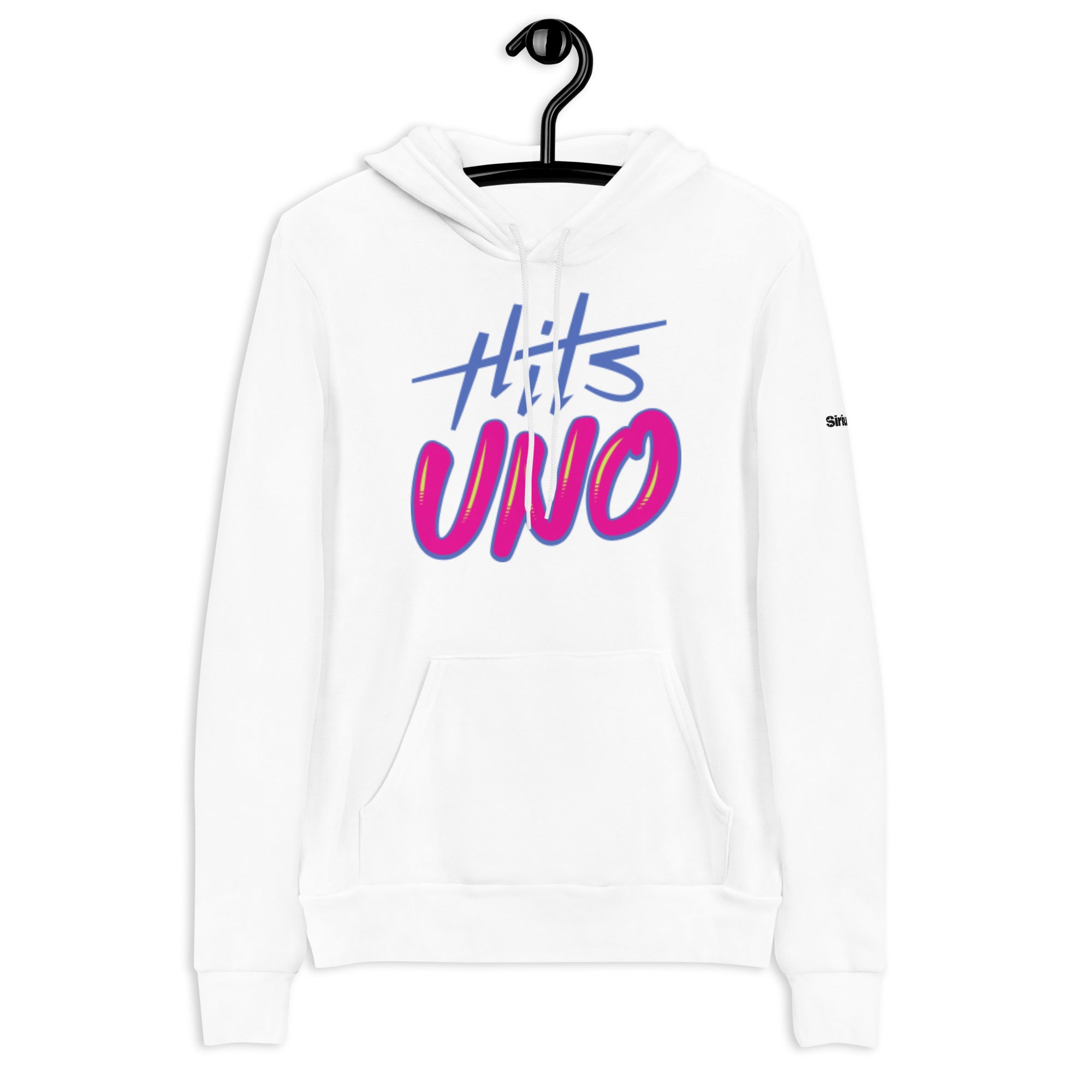 White hoodie with colorful 'Hits UNO' graphic print in bue and pink on the front and a kangaroo pocket and drawstring hood.