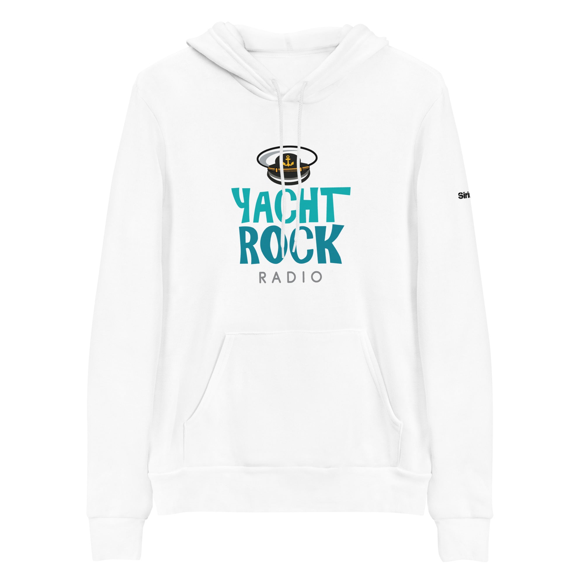 White hoodie featuring 'Yacht Rock Radio' logo in tourquise with a captain's hat design.