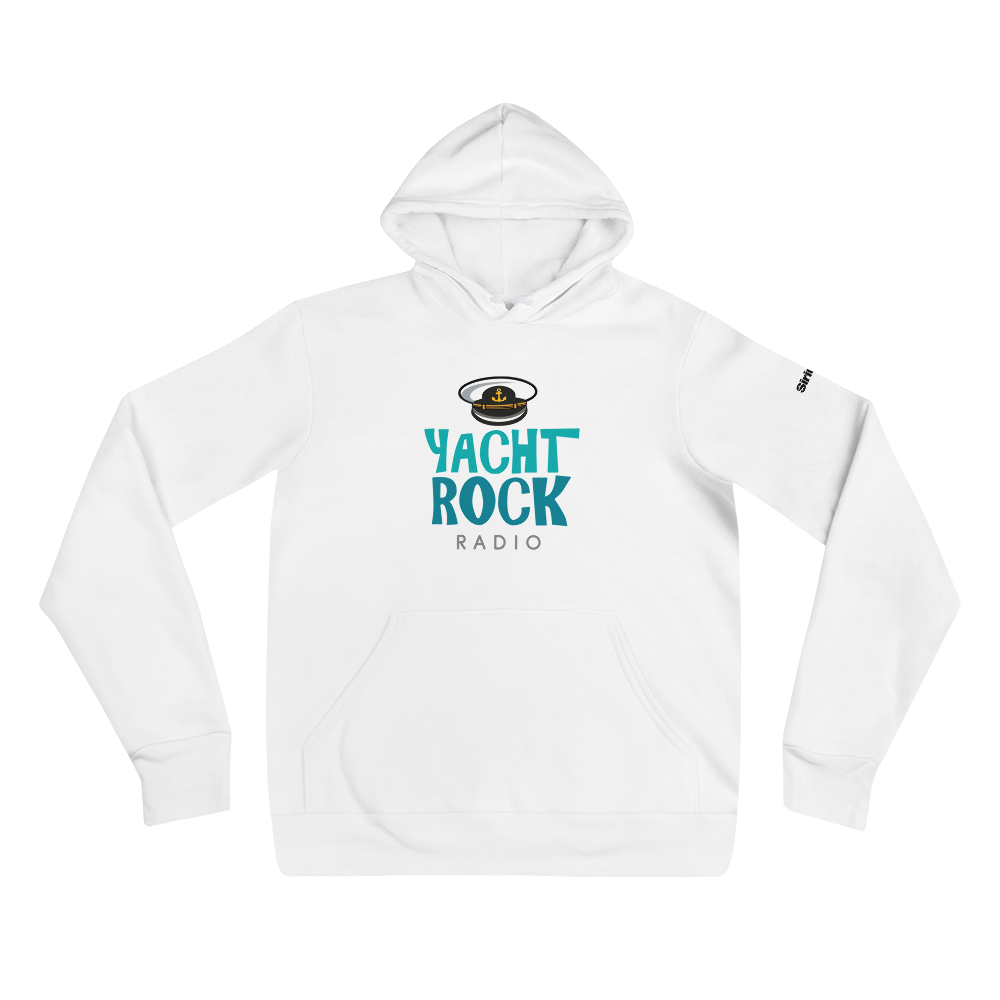 White hoodie featuring 'Yacht Rock Radio' logo in tourquoise and a captain's hat design.