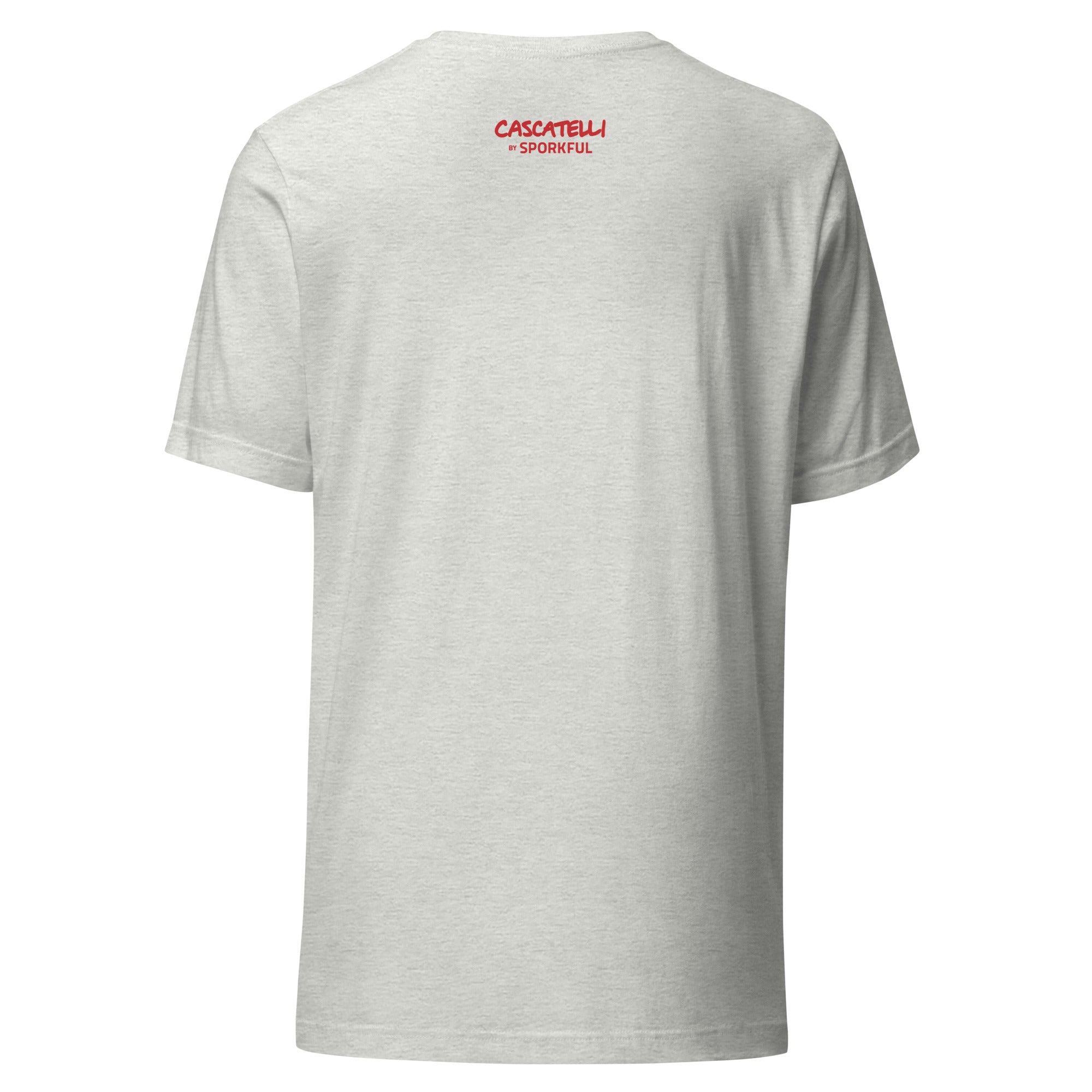 Light gray t-shirt featuring the 'Cascatelli by Sporkful' logo on the back in red.