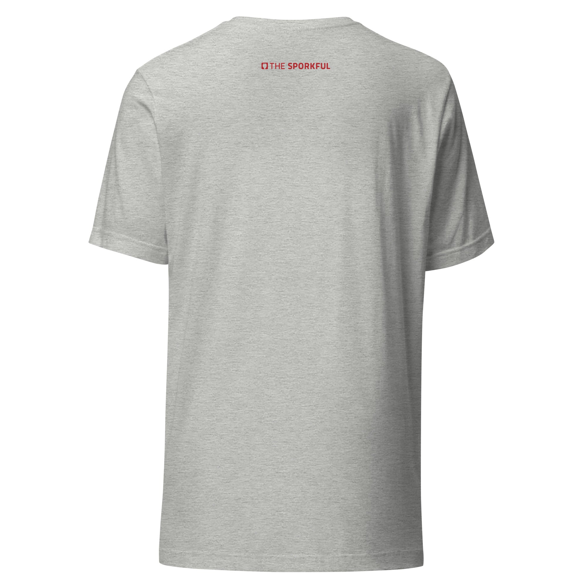 Back view of a light gray t-shirt with 'THE SPORKFUL' printed in red text near the neckline.