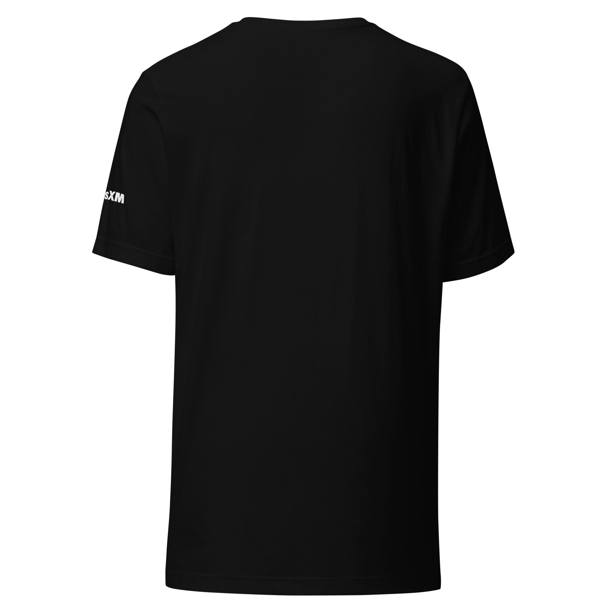 Black t-shirt viewed from the back with short sleeves.