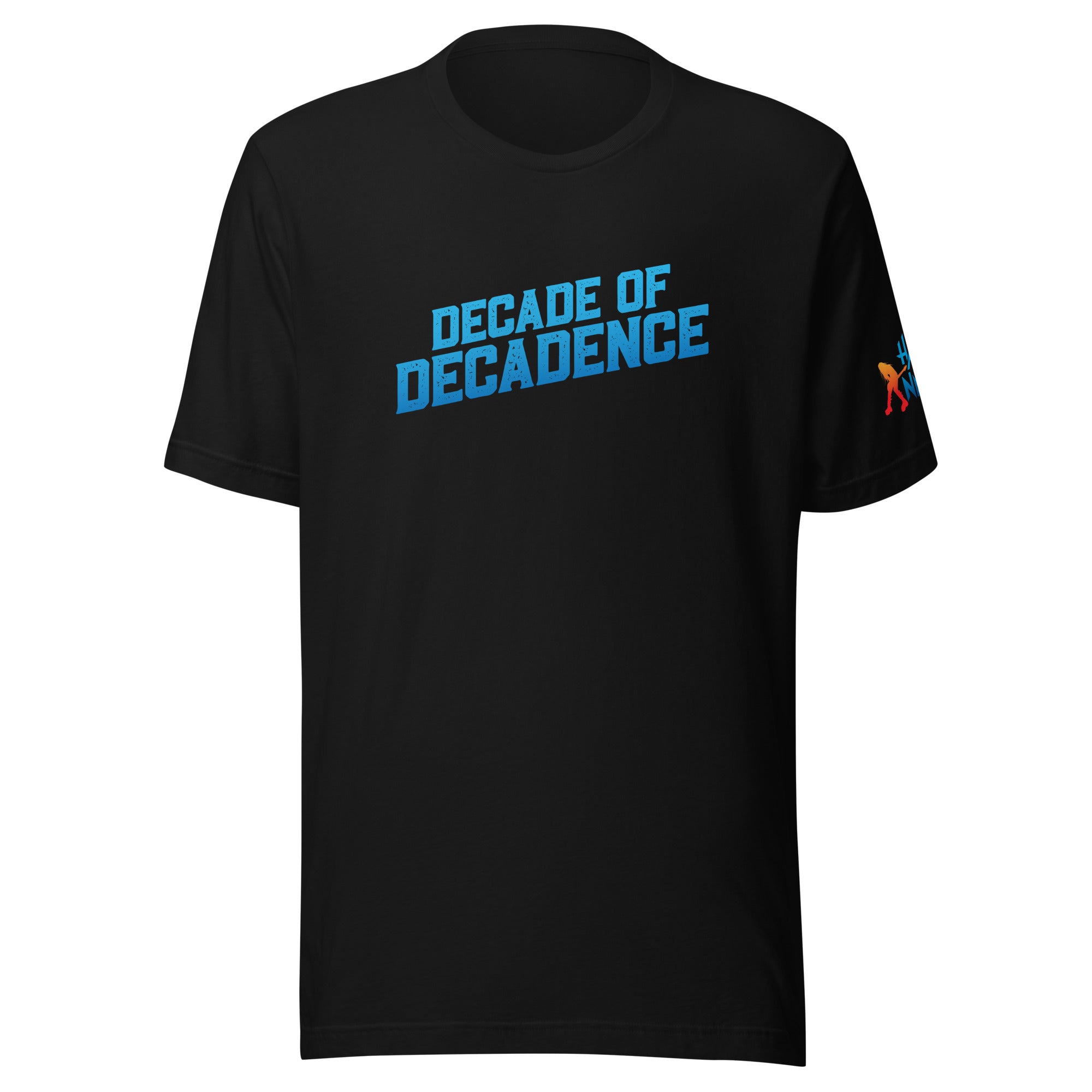 Black t-shirt featuring the phrase 'DECADE OF DECADENCE' in bold blue letters.