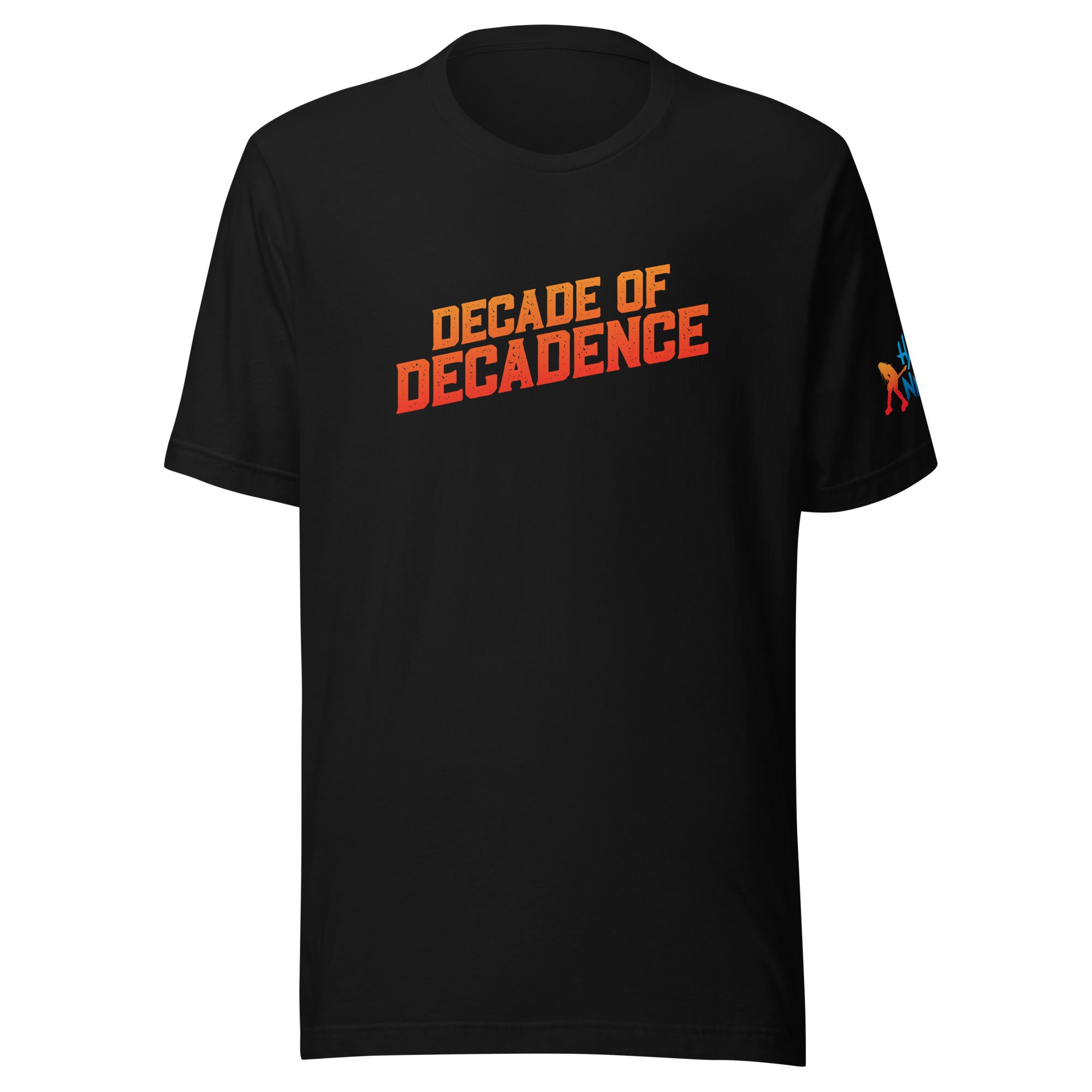 Black t-shirt featuring the bold text 'Decade of Decadence' in orange and yellow.