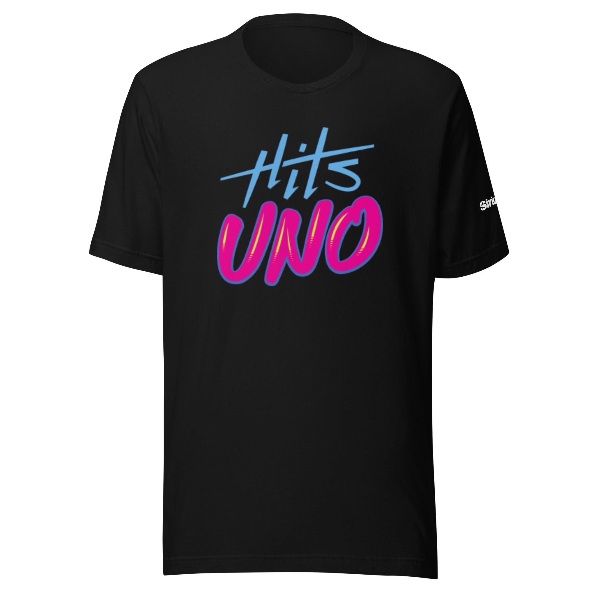 Black t-shirt featuring vibrant text that says 'Hits UNO' in blue and pink colors.