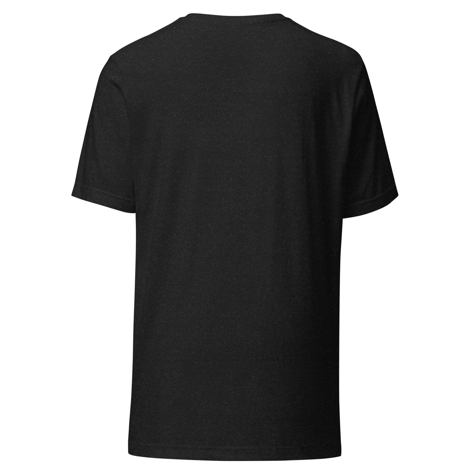 Back view of solid black heather T-shirt against a white background. 