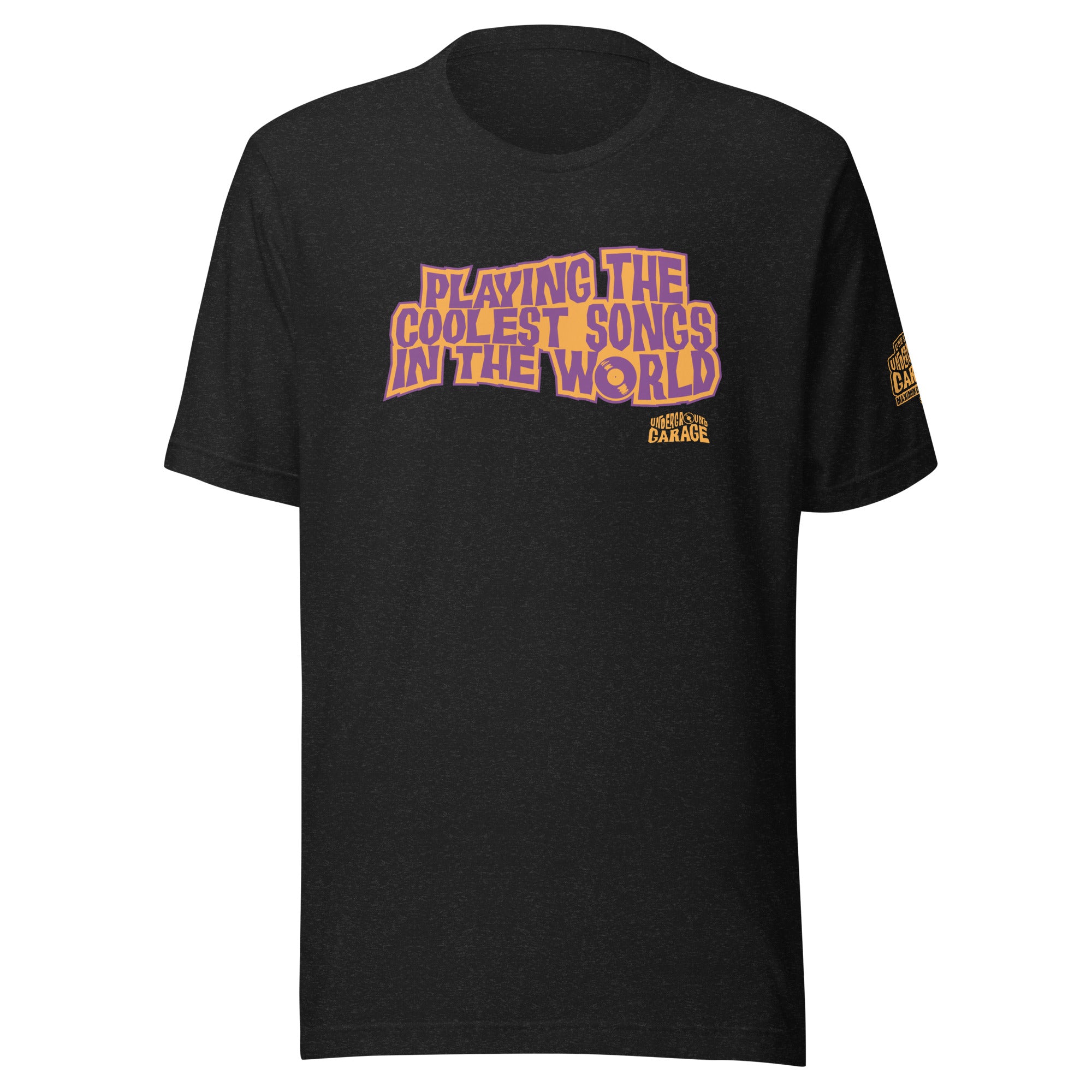 Black t-shirt with the text 'PLAYING THE COOLEST SONGS IN THE WORLD' in stylized orange and purple lettering, featuring a logo on the sleeve.