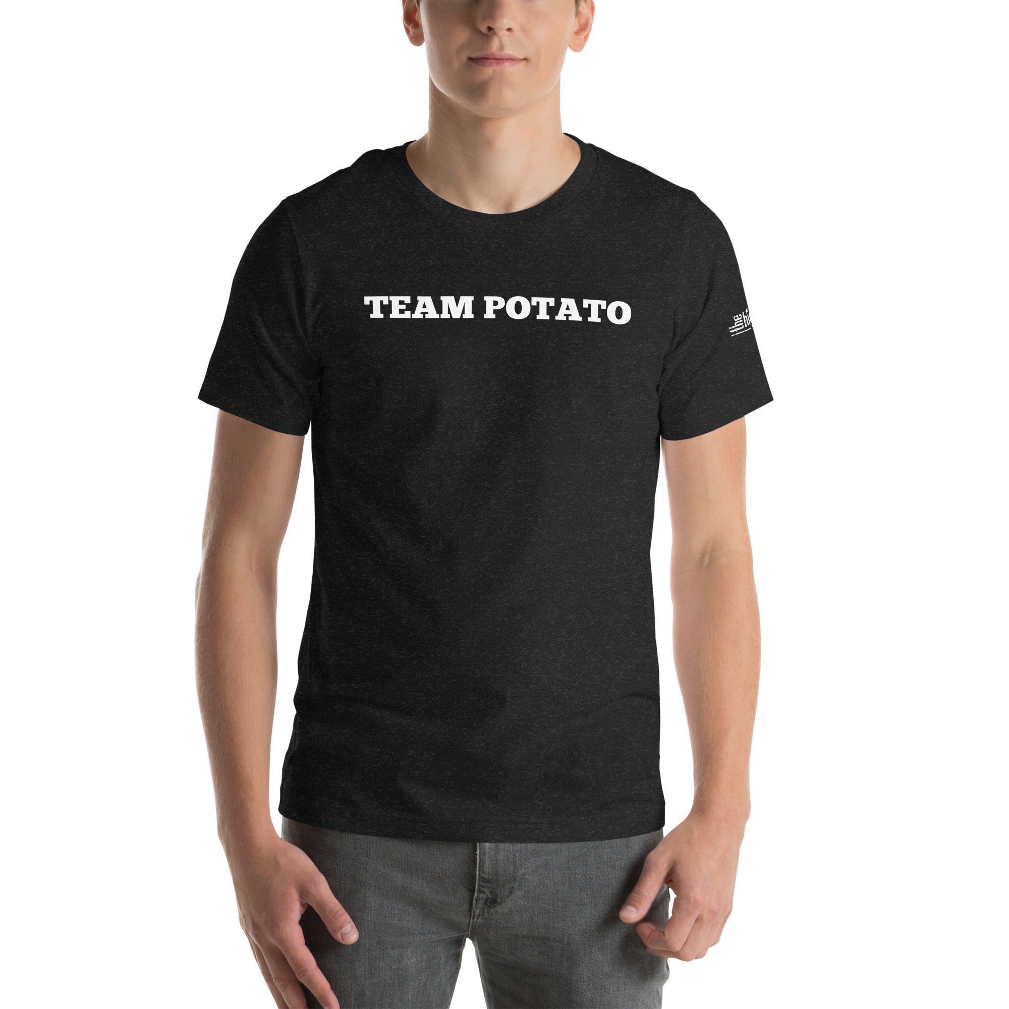 A front-facing view of a model wearing a 'TEAM POTATO,' heather black t-shirt. The text stands out prominently, and the left sleeve features a small 'The Highway' logo.