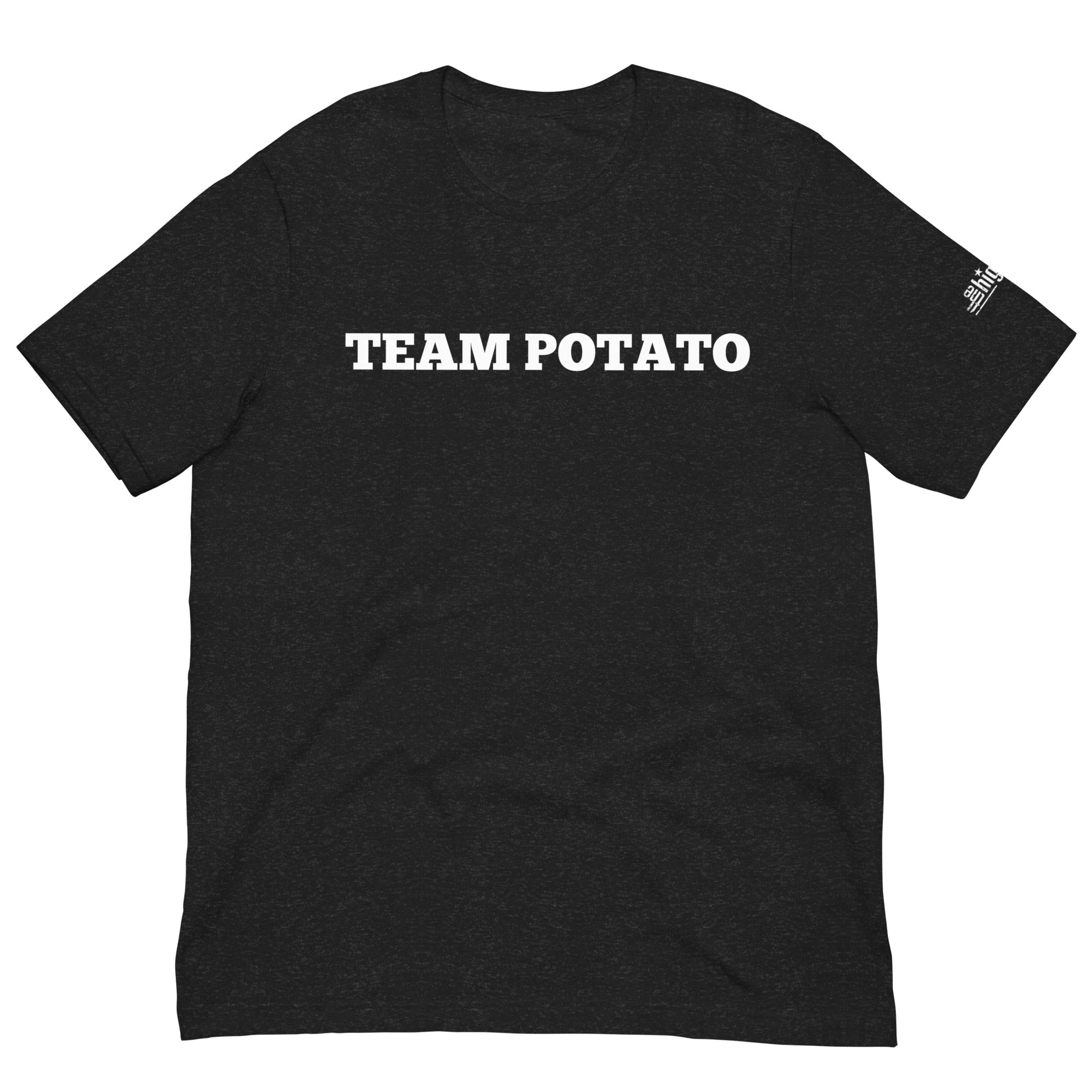 A black heather t-shirt with bold white text that reads 'TEAM POTATO' across the chest. The design is simple and minimalistic with a classic crew neck and short sleeves.